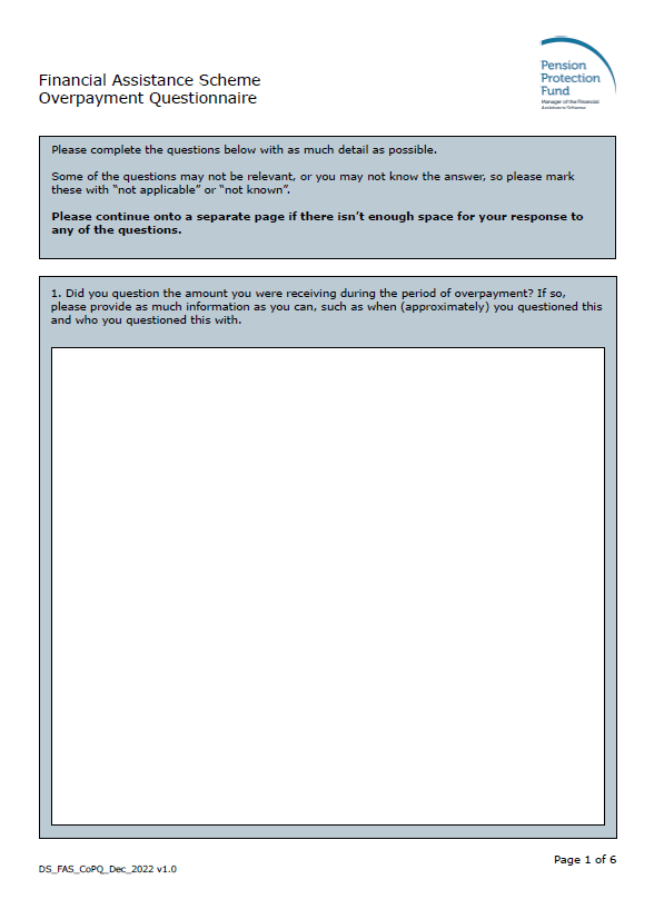 FAS Form: Overpayment questionnaire